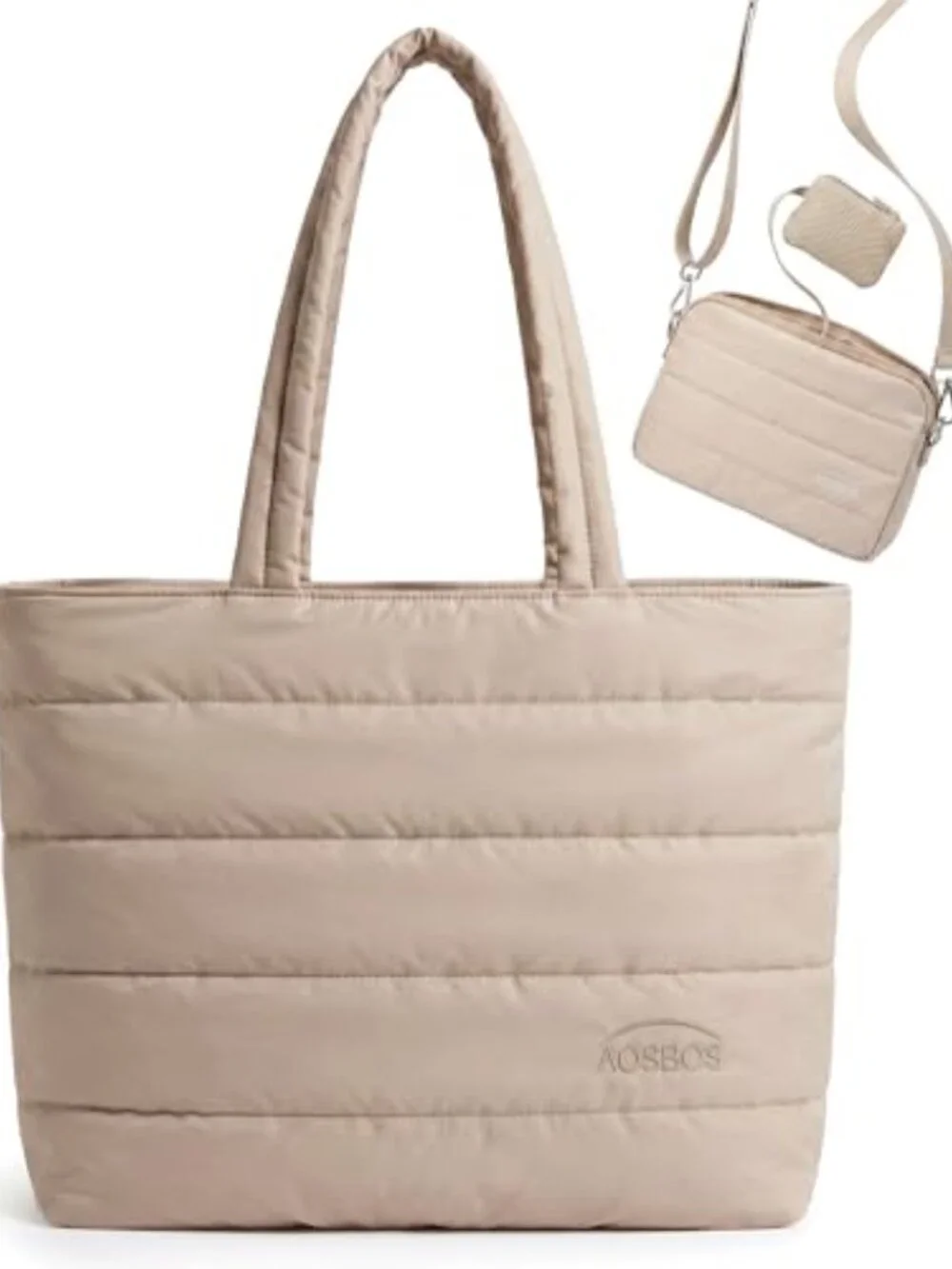 3-in-1 Quilted Puffer Tote Bag with Crossbody & Earbud Pouch, 22L, Fits 15.6